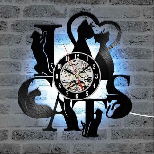 Vinyl Clock I Love Cats Record Wall Clock Kitten Art Silent Unique Decor Clock 3D Hanging CD Vintage LED Vinyl Clocks 7 Cats