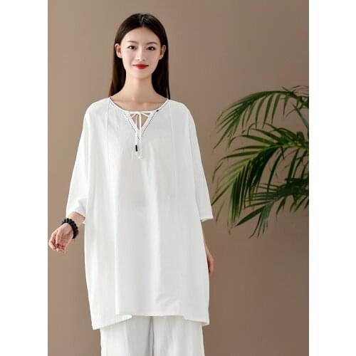 Aransue National Style Cotton Linen Pullover Shirt Women Summer V-Neck Top Long Design Retro Chinese Tshirt Camisa