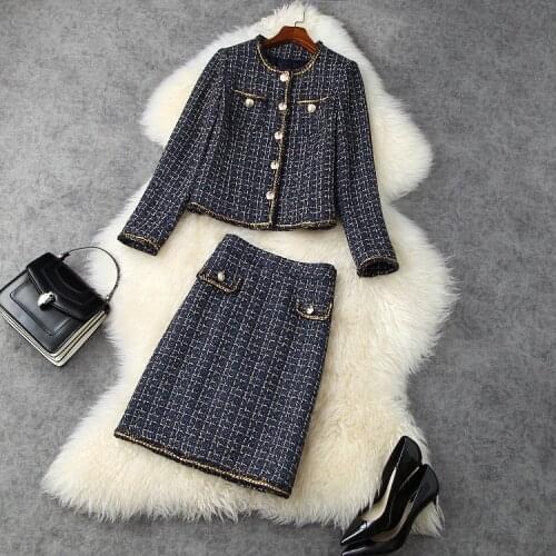 2021 winter women lurex plaid chain tweed skirt set OL single breasted short coat + bodycon mini skirt 2 pieces set Y373