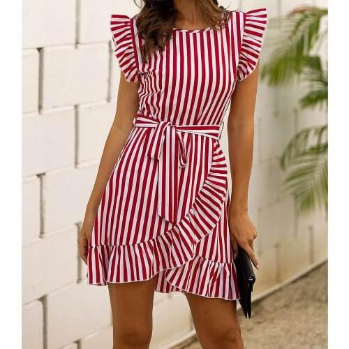 2021 New Fashion Striped Print Beach Dress Casual Lace Up Zipper SLEEVELESS MINI SKIRT Ruffle O-neck Dress Womens Clothing