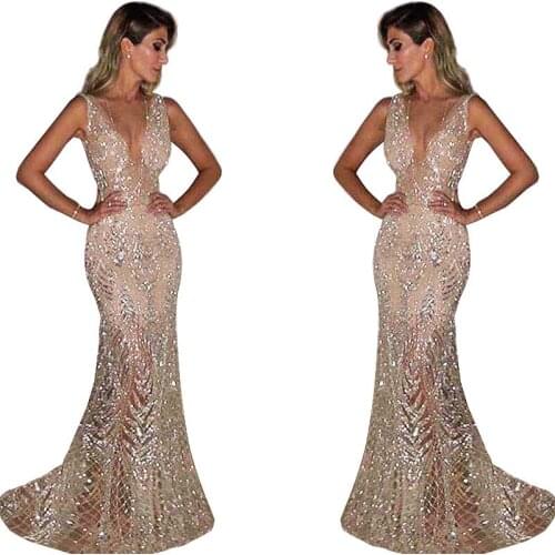 Meeting Evening Dress Maxi Party Lace Bodycon Womens Long Sleeveless Sexy Deep V Sequin Dress Women Vestido Dresses Gothic