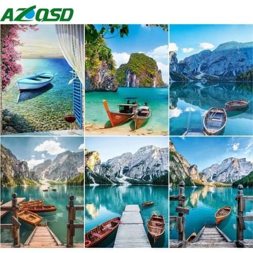 AZQSD Diamond Painting Boat Mountain Mosaic Full Square Drill Diamond Embroidery Landscape Picture Of Rhinestones Home Decor