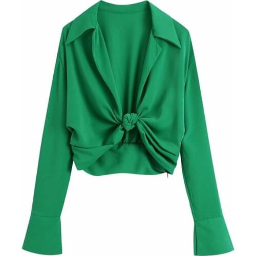 TRAF Women 2021 Fashion Turn Down Collar Knotted Green Color Short Smock Blouse Female Long Sleeve Slim Shirt Streetwear