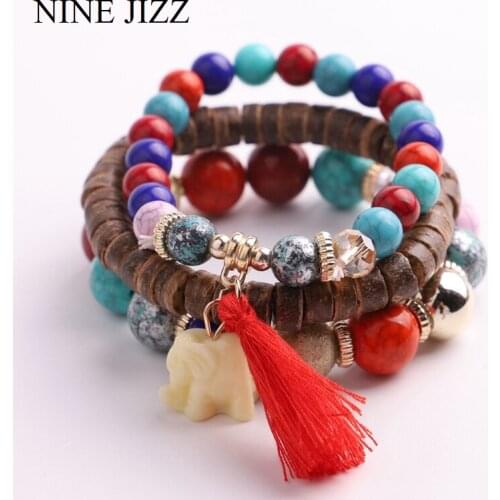 NINEJIZZ Bohemian Women Bracelet Beads Bracelet Bangles Elephant Pendant Multi-layer Bangle With Tassel Fashion Jewelry 3pcs/lot
