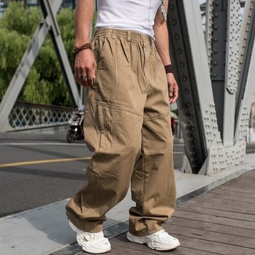 Mens Cargo Pants Long Elastic Waist Loose Straight Leg Trousers Hip Hop Plus SZ C2