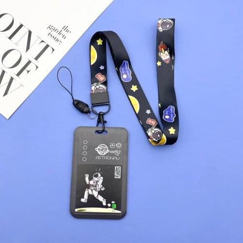 Cartoon ID Card Holder With Lanyard Desk Accessories Astronaut Photocard Holder Stationery Organizer Clip Holder Office Supplies