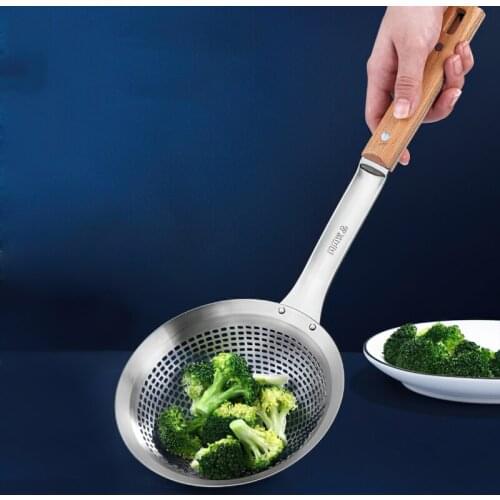 304 stainless Steel Colander Wood Handle Cooking Kitchenware Fishing Noodles Colander Strainer Spoon Household Kitchen Supplies