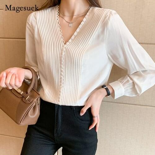 Elegant Chiffon Shirt Women White Autumn Silk Long Sleeve Woman Blouse Fashion V-neck Button Shirts Clothes Blusas Mujer 16106