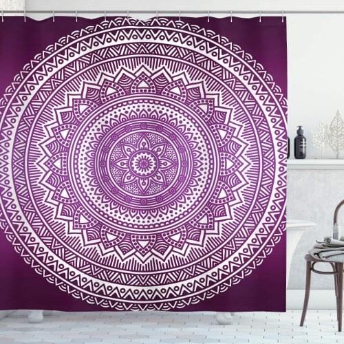 Purple Shower Curtain Ombre Mandala Art Print Vibrant Floral Pattern Boho Hippie Inspired Design Bathroom Decor Set with Hooks