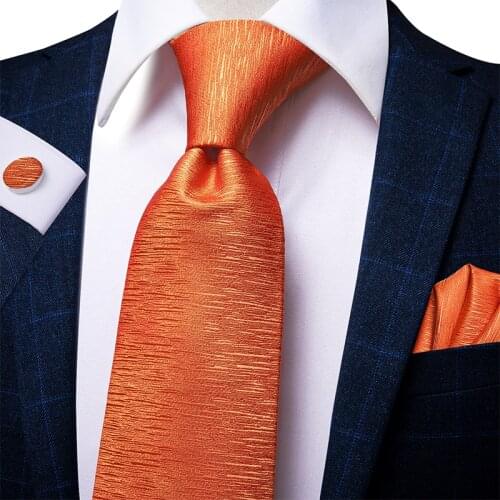 Hi-Tie Necktie For Men New Luxury Mens Tie Set Orange Solid Silk 8.5cm Large Fashion Hanky Cufflinks Set Wedding Quality