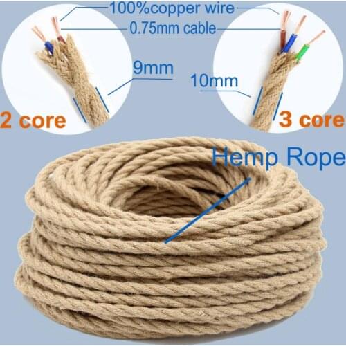 100M 2/3 Core Twisted Cable Hemp Rope Electrical Wire Retro Style Copper Vintage Lamp Cord Woven Textile Wire Pendant Light Cord