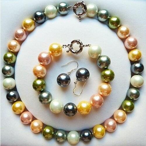 Nice set of 14mm colorful shell pearl necklace bracelet & earrings