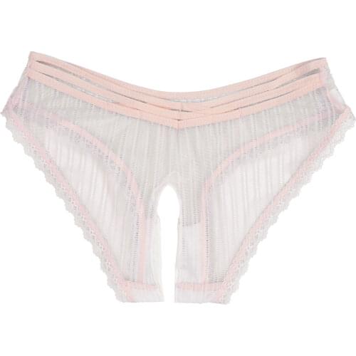 Men Womens Lingerie Sexy Lace Underwear Low Waist Crotchless Striped Erotic Briefs Strappy Elastic Waistband See-through Panties
