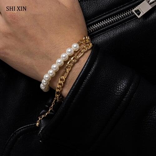 SHIXIN Layered Pearl Beads Bracelets Set Men Charms Gold/Silver Color Hand Chain Bracelets for Women/Girls Fashion Jewelry Gifts