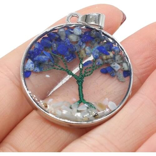 Natural Stone Round Lapis lazuli Gravel Tree Charm Pendant for DIY Necklace Earring Jewelry Making Women Jewelry Gift 33x33mm