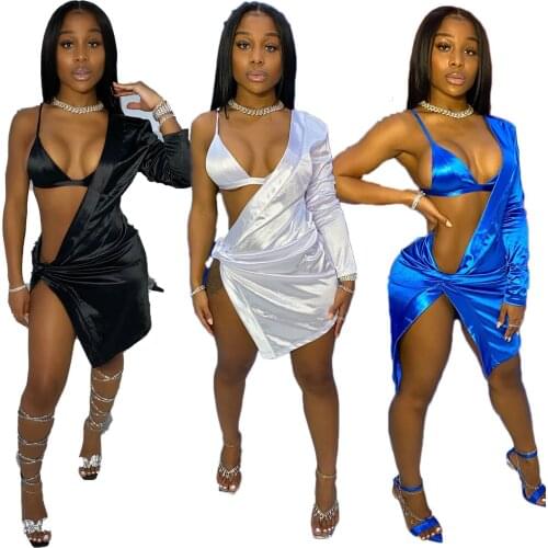 Neon Women Sexy Two Piece Set Spaghetti Bra Mini Dress One Shoulder Long Sleeve Asymmetrical Bra Suit Night Club Party Outfits