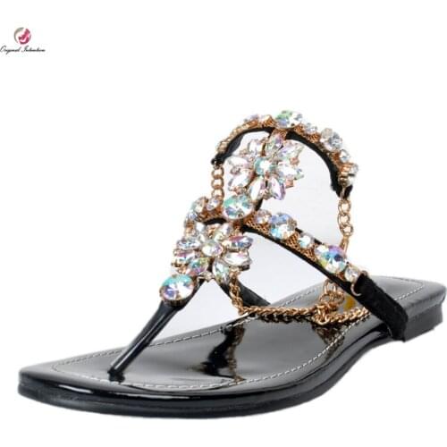 Original Intention Women Sandals Fashion Rhinestone T-Strap Flat with Sandals Beautiful Black Shoes Woman Plus US Size 4-15