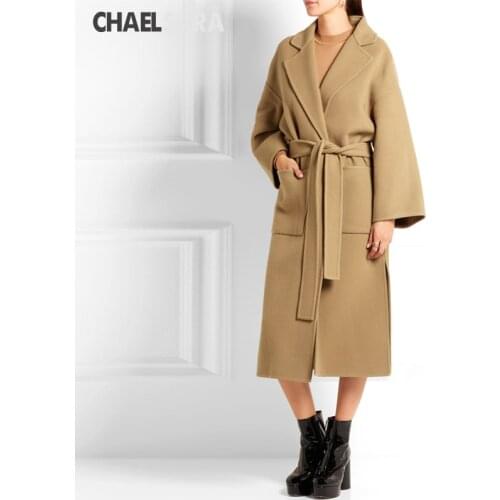 Women Elegant Autumn Winter Wool Overcoat With Belt Slim Woolen Coat Female Casual Turn Down Collar Pocket Mid-Long Outwear