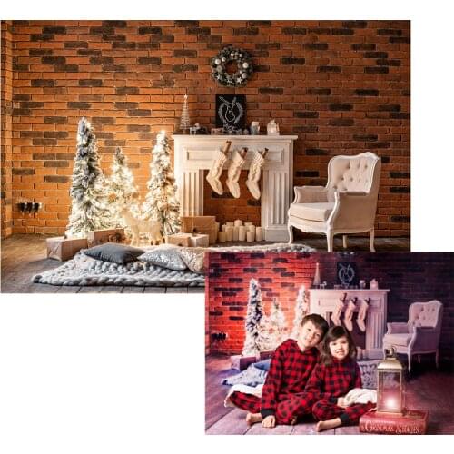 Christmas Party Backdrop Rustic Brick Wall Home Bauble Trees Advent Background Noel Xmas Portrait Banners Socks Ornament Poster