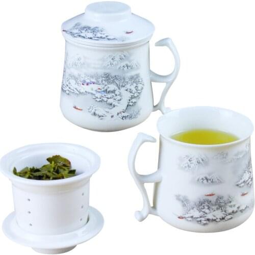 Handpainted Chinese Style Snow scene Tea Cup with Lid Home/Office Porcelain Filter teacups Christmas Gift
