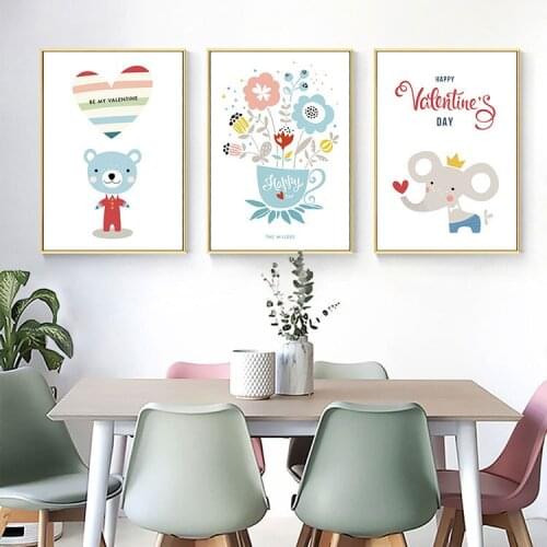 Modern Nordic Style Cartoon Cute Elephant Bear Flower Childrens Room Home Decoration Painting Living Room Wall Art Print Canvas