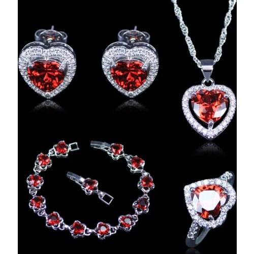New Arrival Heart Red Created Garnet White Zircon Silver Color Jewelry Sets For Women Bracelets Pendant Earrings Rings