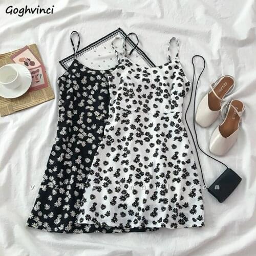 Women Sleeveless Dress Daisies Print Spaghetti Strap A-line Summer Sexy Mini-length All-match Korean Style Simple Fashion Trendy