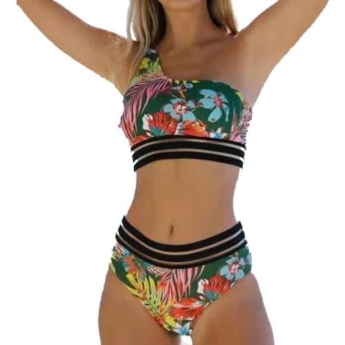 2021 New Green Leaf Print One-Shoulder Sexy High-Waist Two-Piece Small Fresh Bikini Ladies Quick-Drying Beach Swimwear