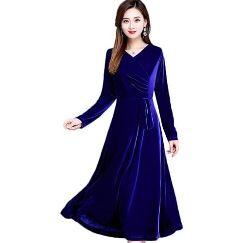 Plus Size 5XL 6XL Womens Gold Velvet Dress New Spring Autumn Solid V-neck Mid Long Dress Elegant Ladies Party Dresses Vestidos