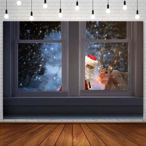 Winter Christmas Backdrops Tree Santa Claus Window Reindeer Snow Bokeh Kid XMAS Photography Background Photo Studio Decor Props