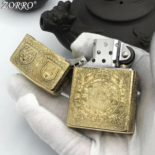 Zorro Kerosene Lighter Windproof Old Style Pure Copper Nine Palaces Pattern Gasoline Oil Lighter Men Gift Smoking Tool