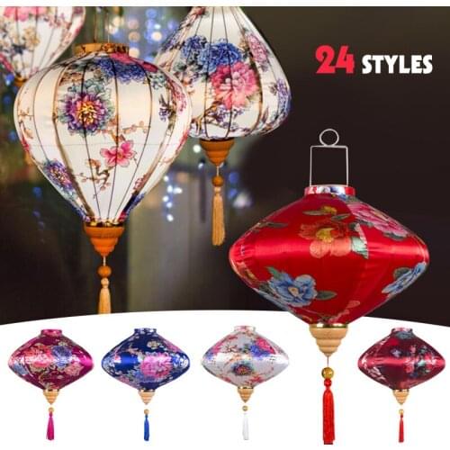 12 Inch Chinese Traditional Retro Silk Lanterns Floral Pattern Vietnam Mid-autumn Lantern For New Year Festival Hanging Decor