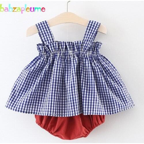 Babzapleume 2017 New Summer Style Baby Girls Clothing Set Sleeveless Plaid Cute T-shirt+Shorts Newborn Clothes 2PCS Suits BC1424