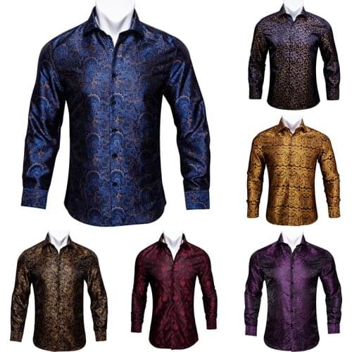 Barry.Wang Luxury Blue Black Silk Paisley Men Shirt Long Sleeve Slim Vintage Purple Spring Autumn Casual Dress Shirt Party Male