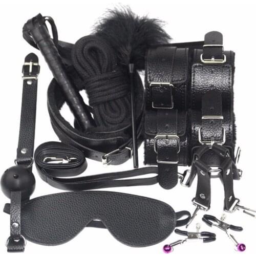 BDSM Sex Bondage Set 10 Pcs Leather SM Bdsm Game Handcuffs Whip Rope Mouth Gag Nipple Clamps Adult Sex Toys For Couples