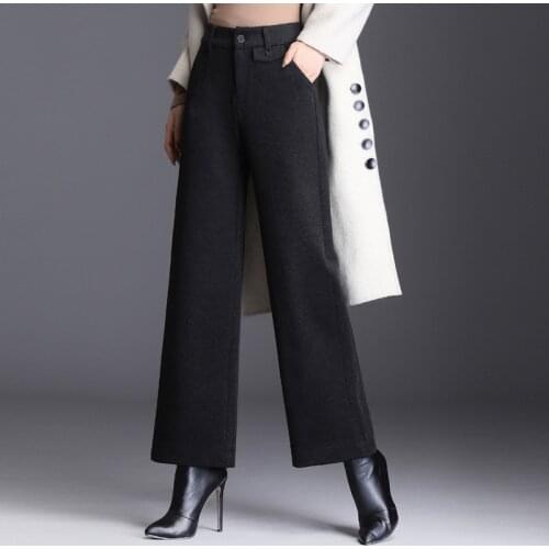 Woolen Wide Leg Pants Woman High Waist Autumn Winter Warm Wool Office Ladies Work Business Straight Trousers Female Plus Size