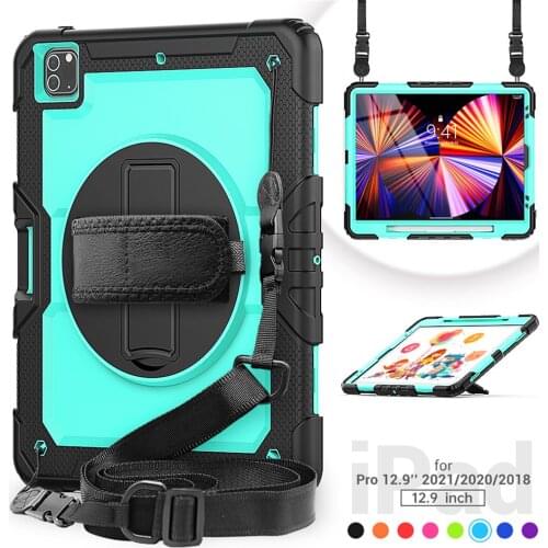 Case For iPad pro 12.9 2021 2020 2018 Tablet Silicone 360 Rotatable Kickstand with Neck Strap Caver For iPad pro 12.9+Gift Pen