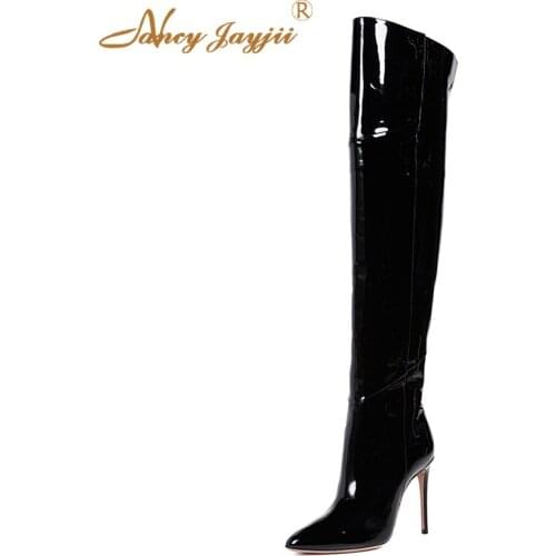 Black Winter Patent Ladies Leather Pointed Tod Thin Heels Short Plush Shoes Woman Zipper Sexy Fashion Boots Solid