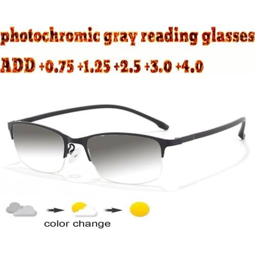 Business Mens Full Frame Photochromic Gray Reading Glasses Comfortable Alloy High Quality +1.0 +1.5 +1.75 +2.0 +2.5 +3 +3.5 +4