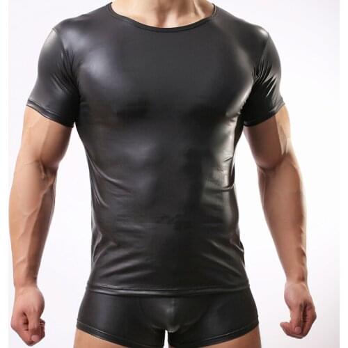 Mens Elastic Paint Leather T Shirts Men Sexy Fitness Tops Gay T-shirt Tees Mens stage O-Neck Sexy Men Casual Clothes
