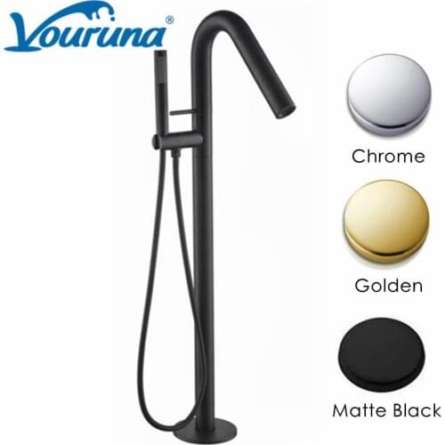 VOURUNA Matte Black Free Standing Bathtub Faucet Floor Mounted Bath Tub Filler Tap Round Style