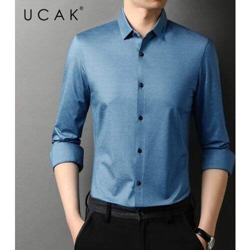 UCAK Brand Autumn Classic Solid Color Silk Long Sleeve Shirts Men Clothing Streetwear Casual Turn-down Collar Shirt Homme U6259