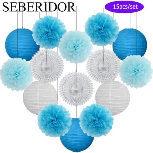 Baby Boy Baptism Decor Blue set 6" 8" 10" 12" Round Paper Lantern Kids Girl Mi Primera Comunion Pink Beige Tissue Pom Pom Fan