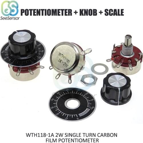 1K Ohm WTH118 DIY Kit Parts 2W 1A Single Turn Carbon Film Potentiometer + Knob + Scale