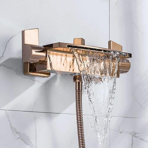 Bathtub Shower Faucet Set Soild Brass Bathroom Shower Hot & Cold Mixer Tap With Handheld Waterfall Type Wall Mounted Rose Gold