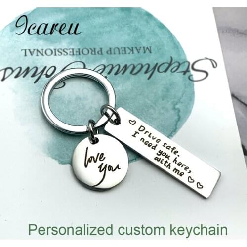 Costumized Gift Keychain Safe Driving Stainless Steel Laser Lettering Personalize Key Ring Love You Round Fashion Keychains