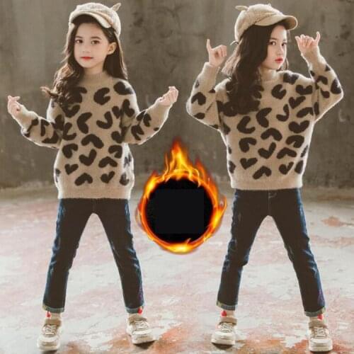 4T-14T Fall Winter Teenage Girls Kids Thick Knitted O-Neck Sweaters Clothes Warm Shirts Children Leopard Print Pullover Sweaters