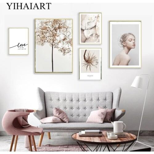 Fashion Woman Canvas Poster Nude Colour Wall Art Print Floral Botanical Painting Nordic Home Decoration Picture