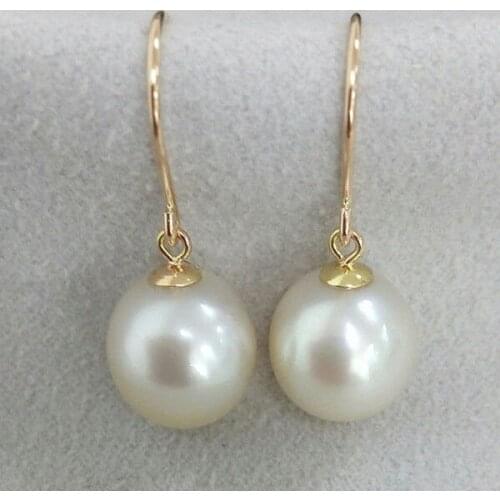 10.3mm Real South Sea Cultured Cream Pearl Hook Drop Earrings 14k Yellow Gold
