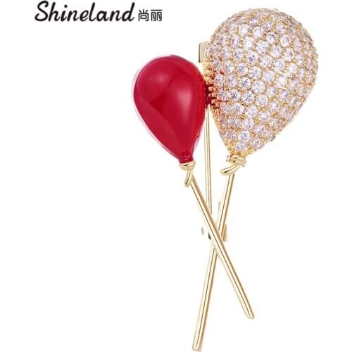 Shineland High Quality Red Balloon Enamel Pin Rhinestone Gold Color Brooches Women Girl Clothing Accessories Cute Gift Wedding